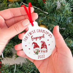 Our First Christmas Engaged Metal Ornament With Gnomes, Xmas Decor With Cute Gonks