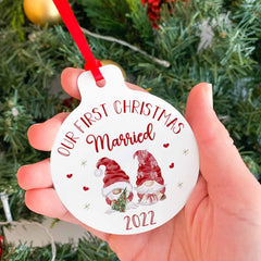 Our First Christmas Married Christmas Ornament, Xmas Decor With Gnomes