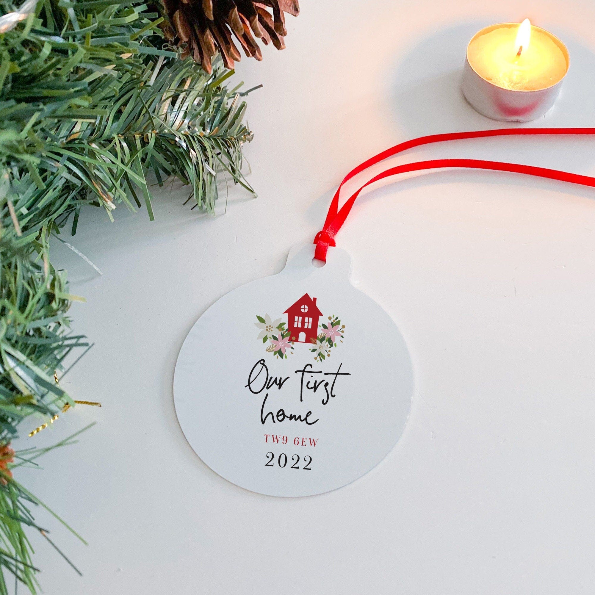 Our First Home Christmas Ornament With Postcode, Personalised New Home Xmas Décor