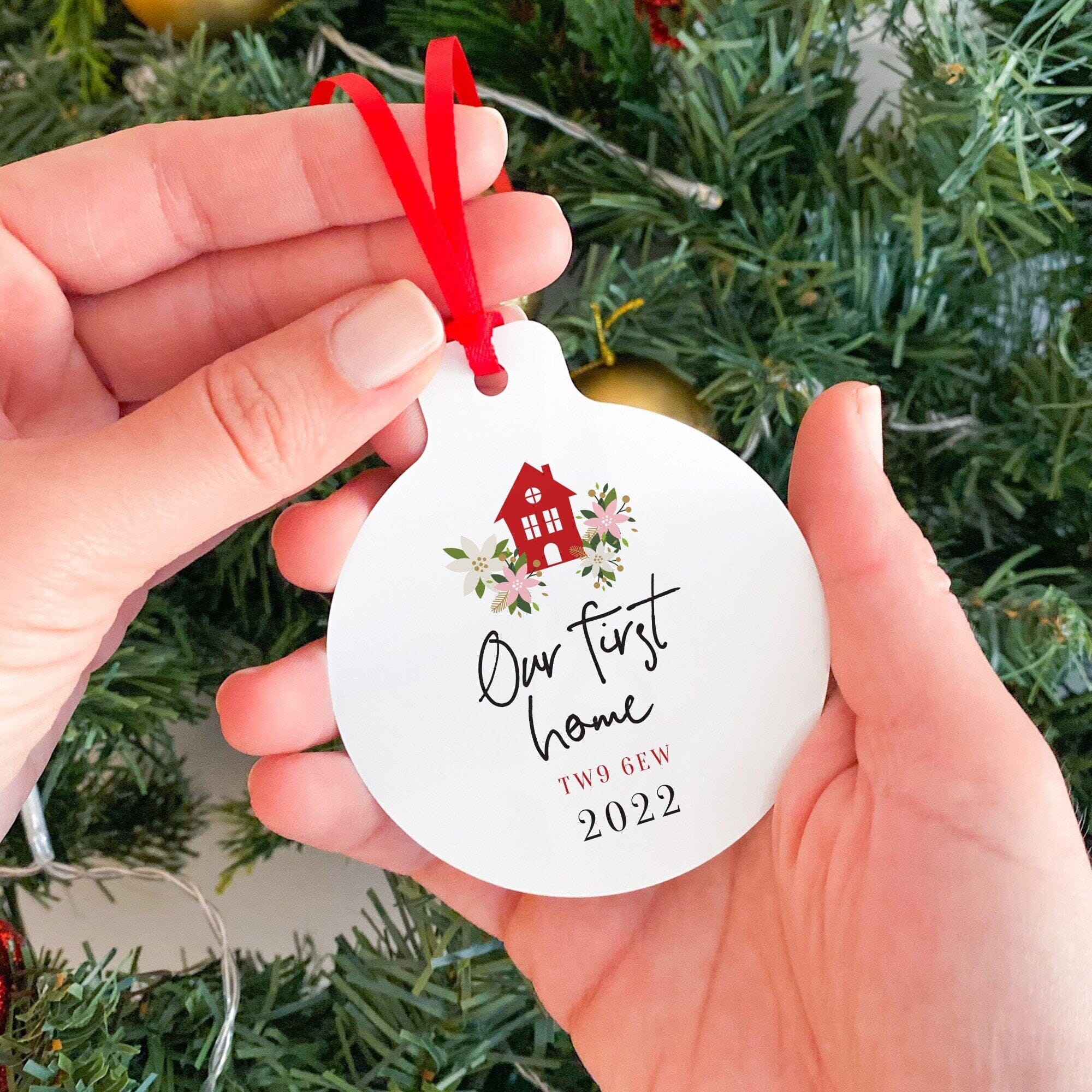 Our First Home Christmas Ornament With Postcode, Personalised New Home Xmas Décor