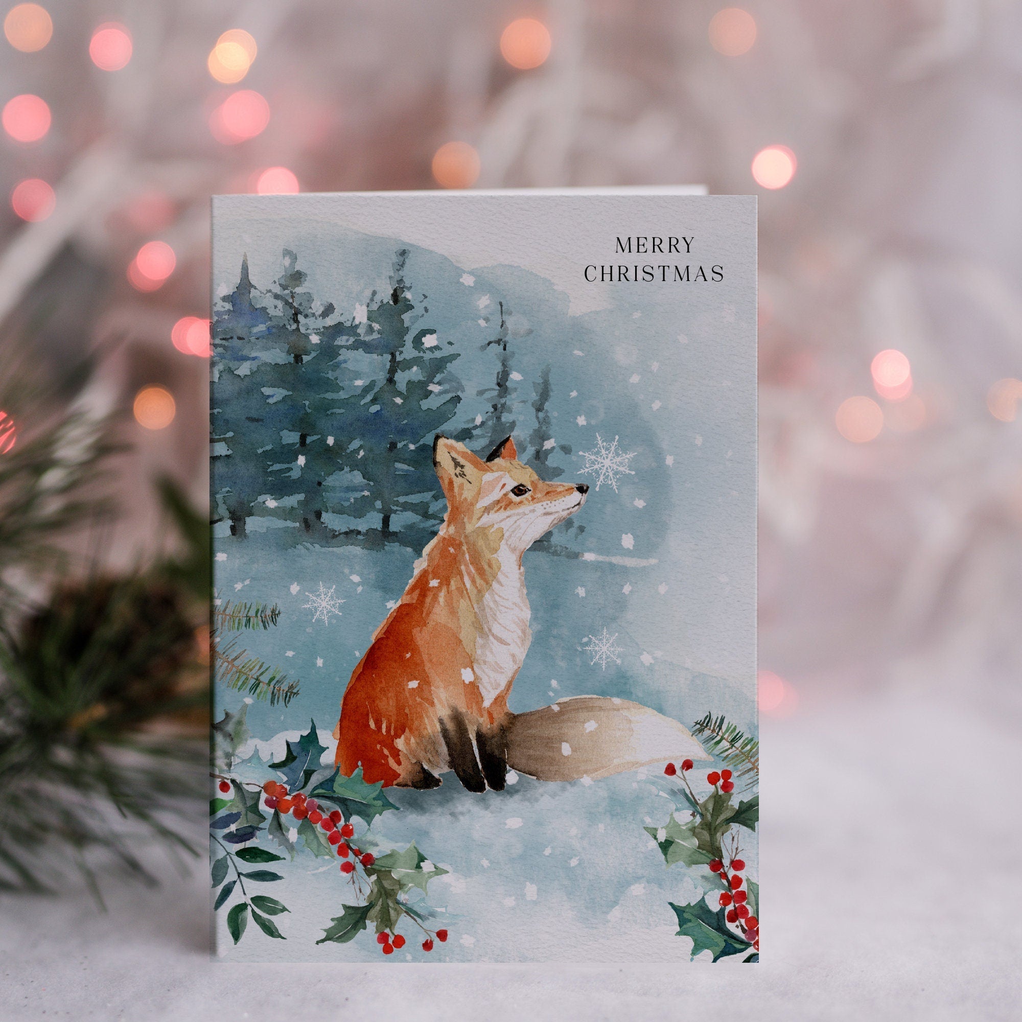Pack of 5 Christmas Card, Robin Reindeer Fox Floral Cards, Xmas Greeting Cards