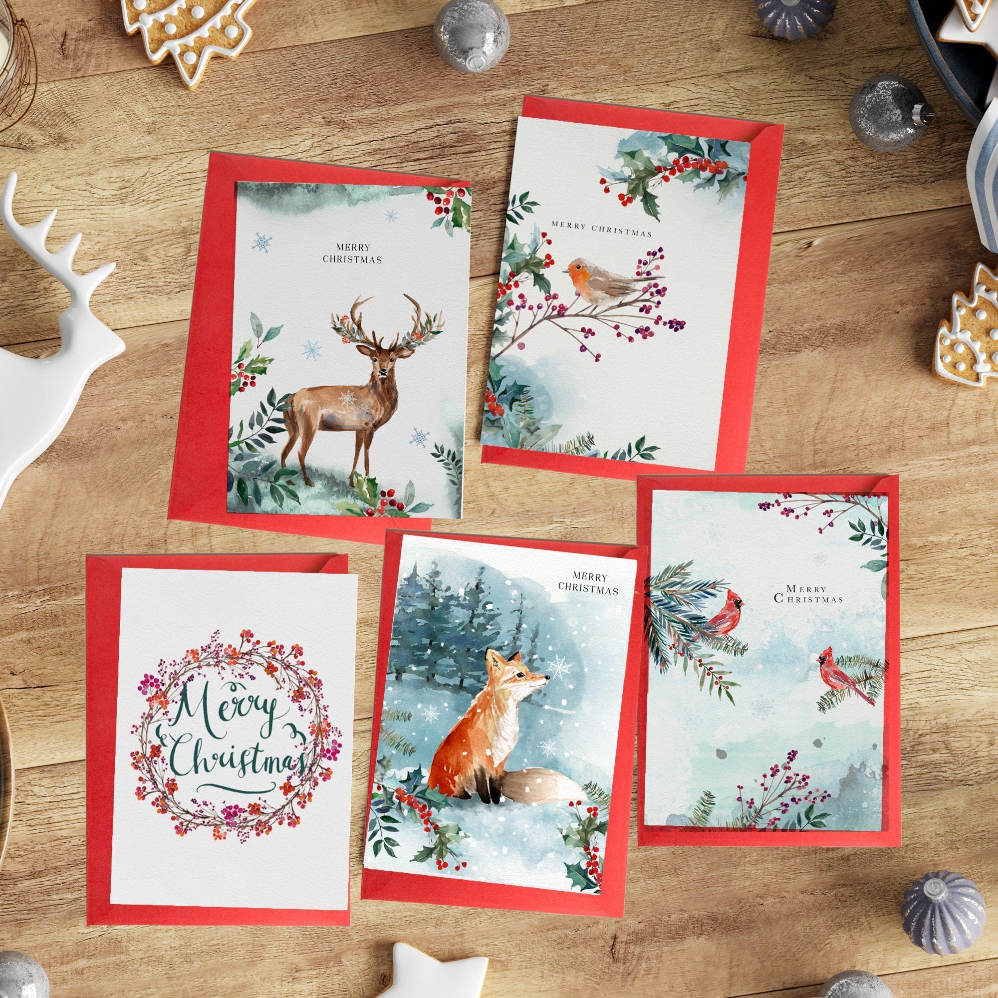 Pack of 5 Christmas Card, Robin Reindeer Fox Floral Cards, Xmas Greeting Cards
