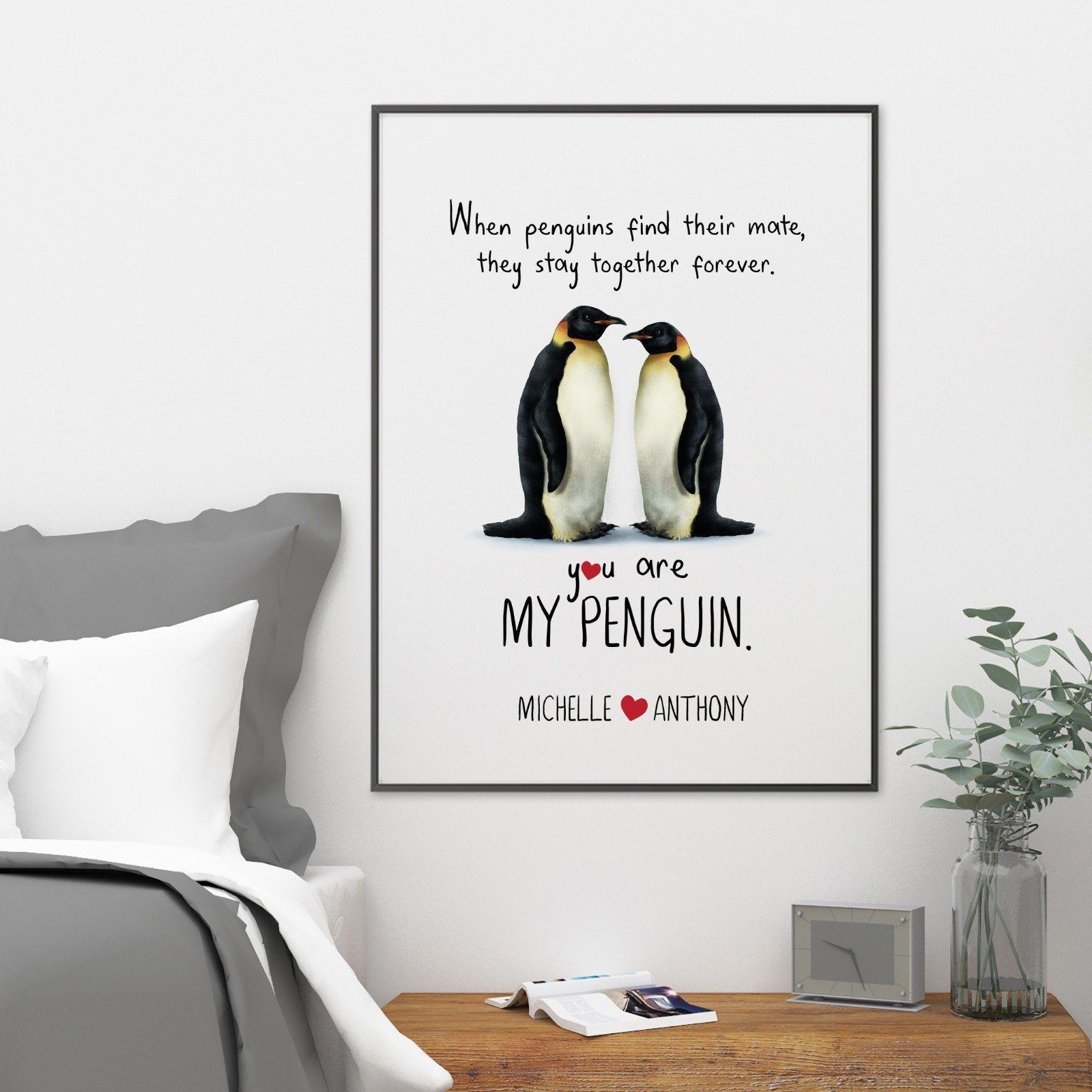 Penguin Love Poster, Gift for wife, husband, couple with names
