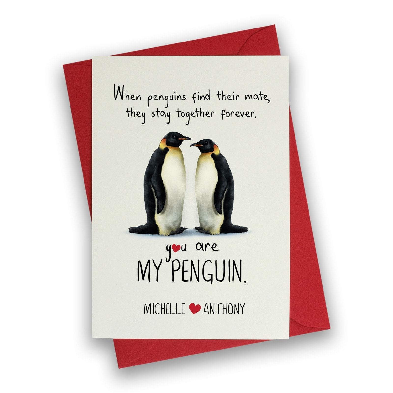 Penguin Valentines Card, Personalised Romantic Valentine's Day card with names