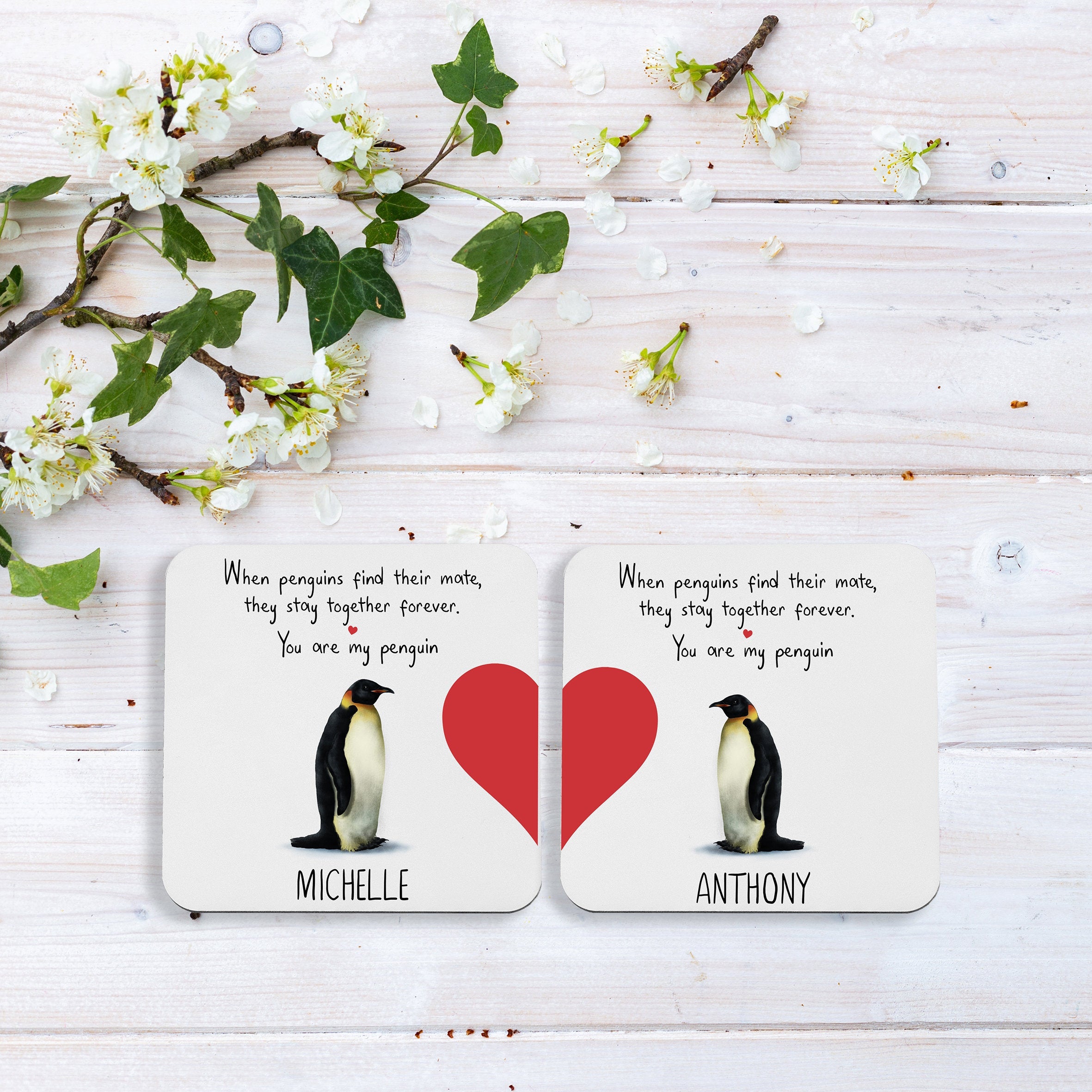Penguin Valentines Coaster, SET of 2, Personalised Romantic Valentine's Day gift with names