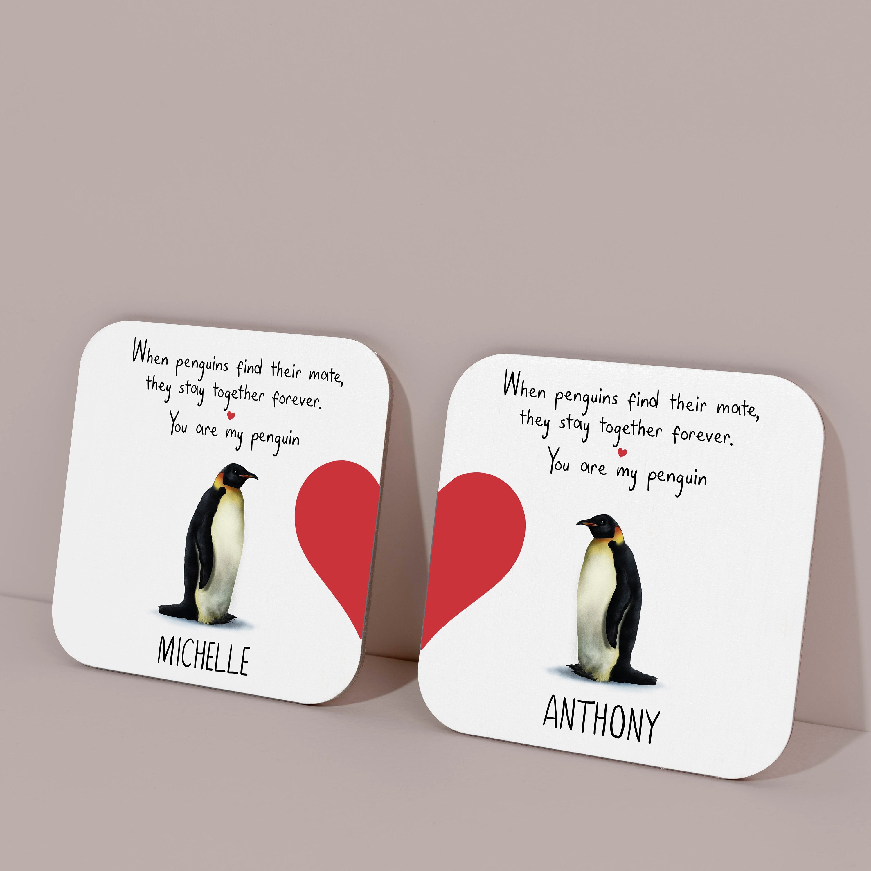 Penguin Valentines Coaster, SET of 2, Personalised Romantic Valentine's Day gift with names