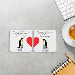 Penguin Valentines Coaster, SET of 2, Personalised Romantic Valentine's Day gift with names