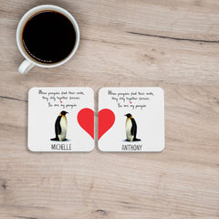 Penguin Valentines Coaster, SET of 2, Personalised Romantic Valentine's Day gift with names