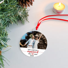 Personalised 1 Christmas as married ornament with a photo, Mr and Mrs Christmas Tree Decor with Names