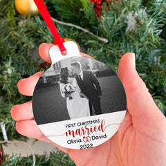 Personalised 1 Christmas as married ornament with a photo, Mr and Mrs Christmas Tree Decor with Names