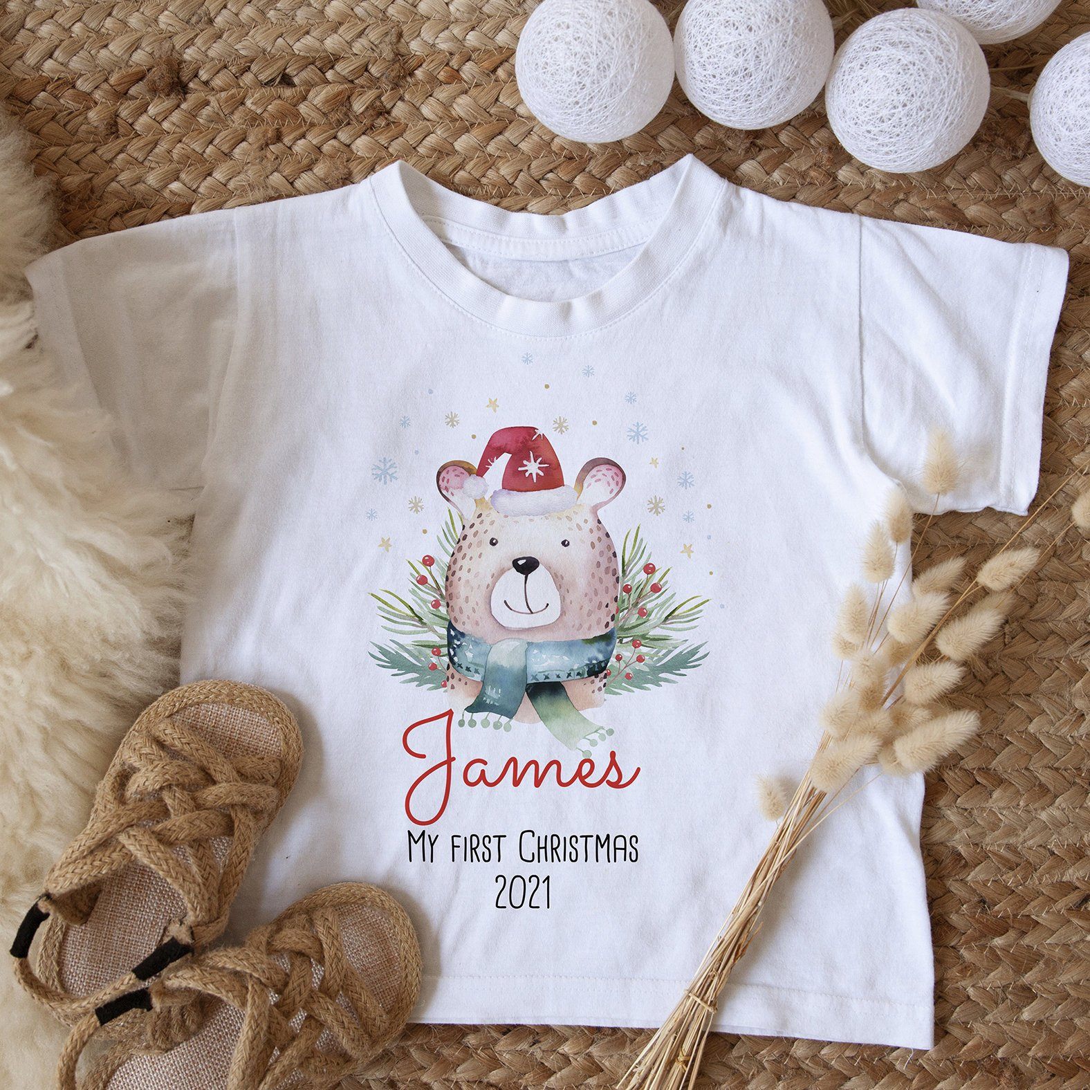 Personalised 1st Christmas kids name t-shirt and bodysuit, Animals First Xmas boy girl top