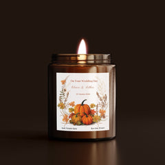 Personalised Autumn Wedding Gift Soy Wax Scented Candle, With date names, Mr Mrs On Your Wedding Day