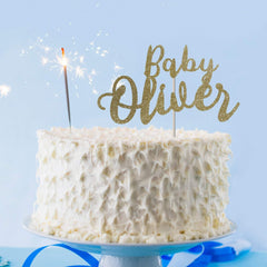 Personalised baby name cake topper with a name. Welcome baby party cake