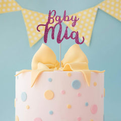 Personalised baby name cake topper with a name. Welcome baby party cake