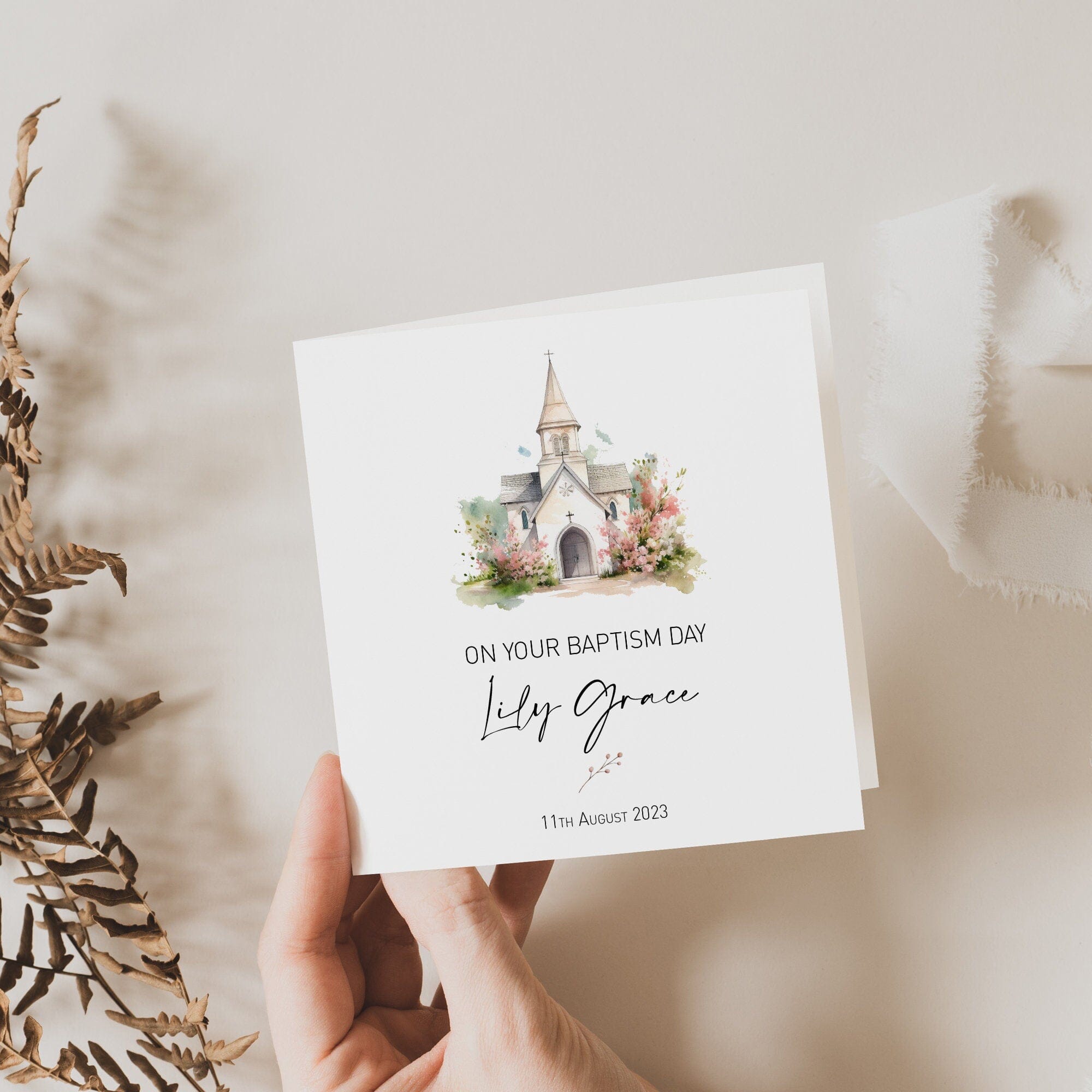 Personalised Baptism Card with Envelope with date and name, On Your Baptism Greeting Card with a Church