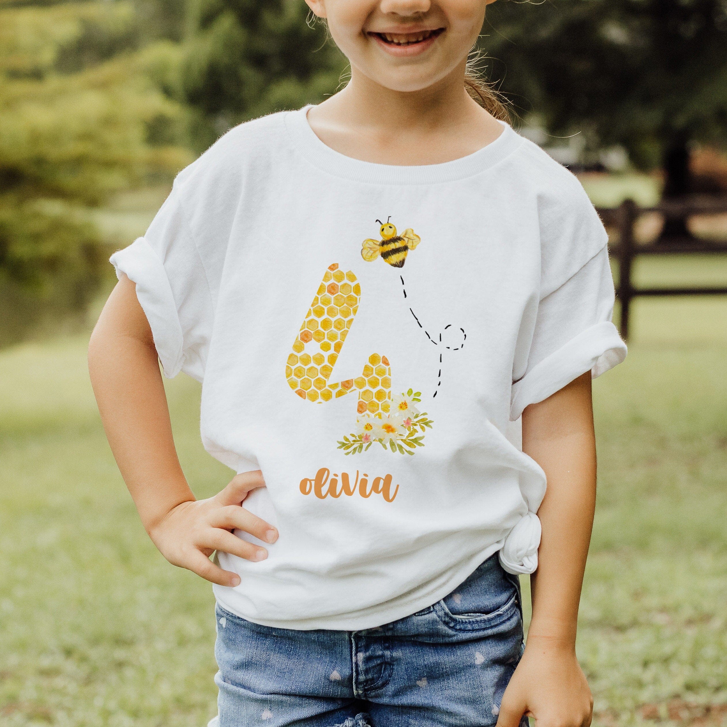 Personalised bee design kids birthday t-shirt, Boy girl tshirt top, Name is One