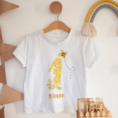 Personalised bee design kids birthday t-shirt, Boy girl tshirt top, Name is One