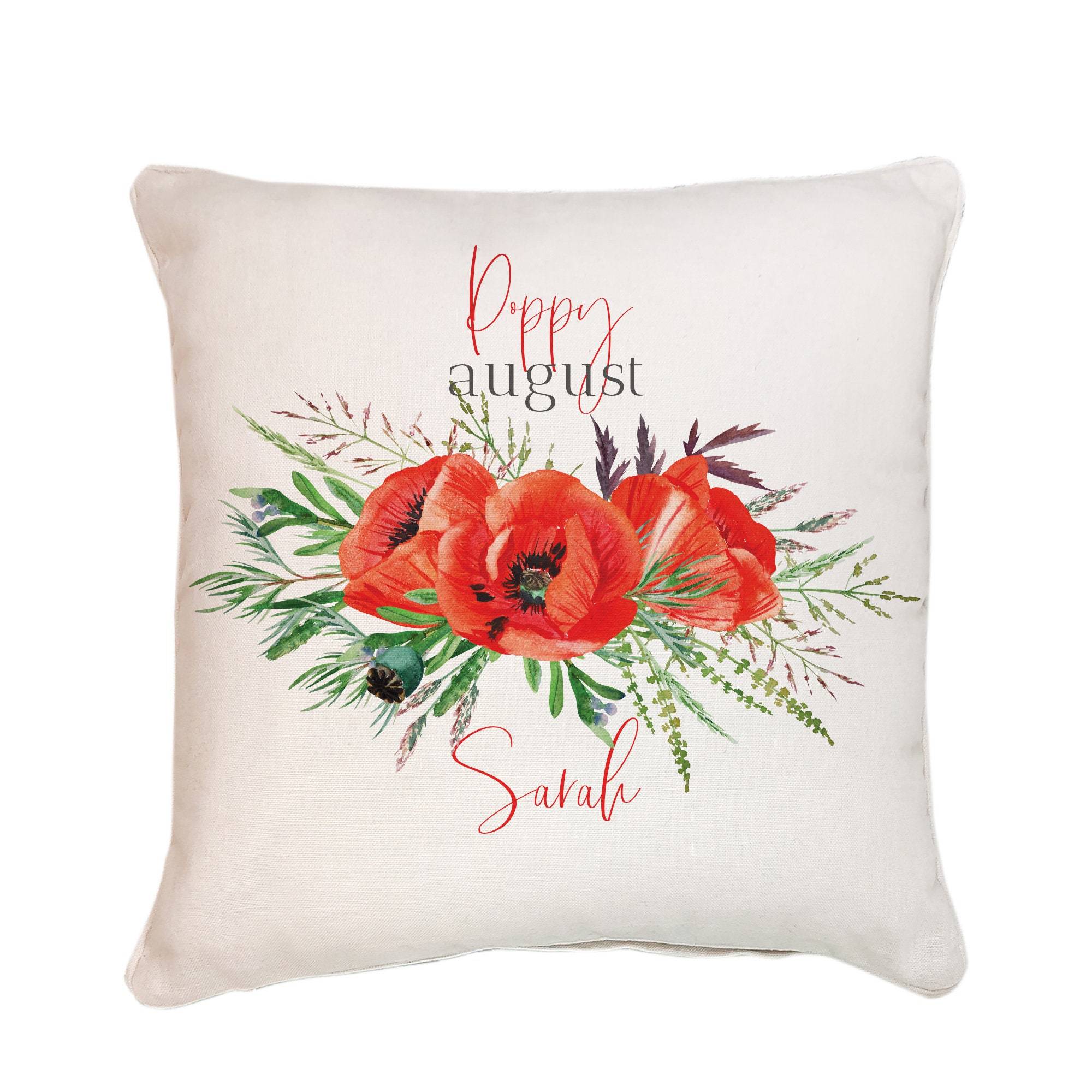 Personalised birth flower cushion, August birth flower poppy, Floral design birthday gift