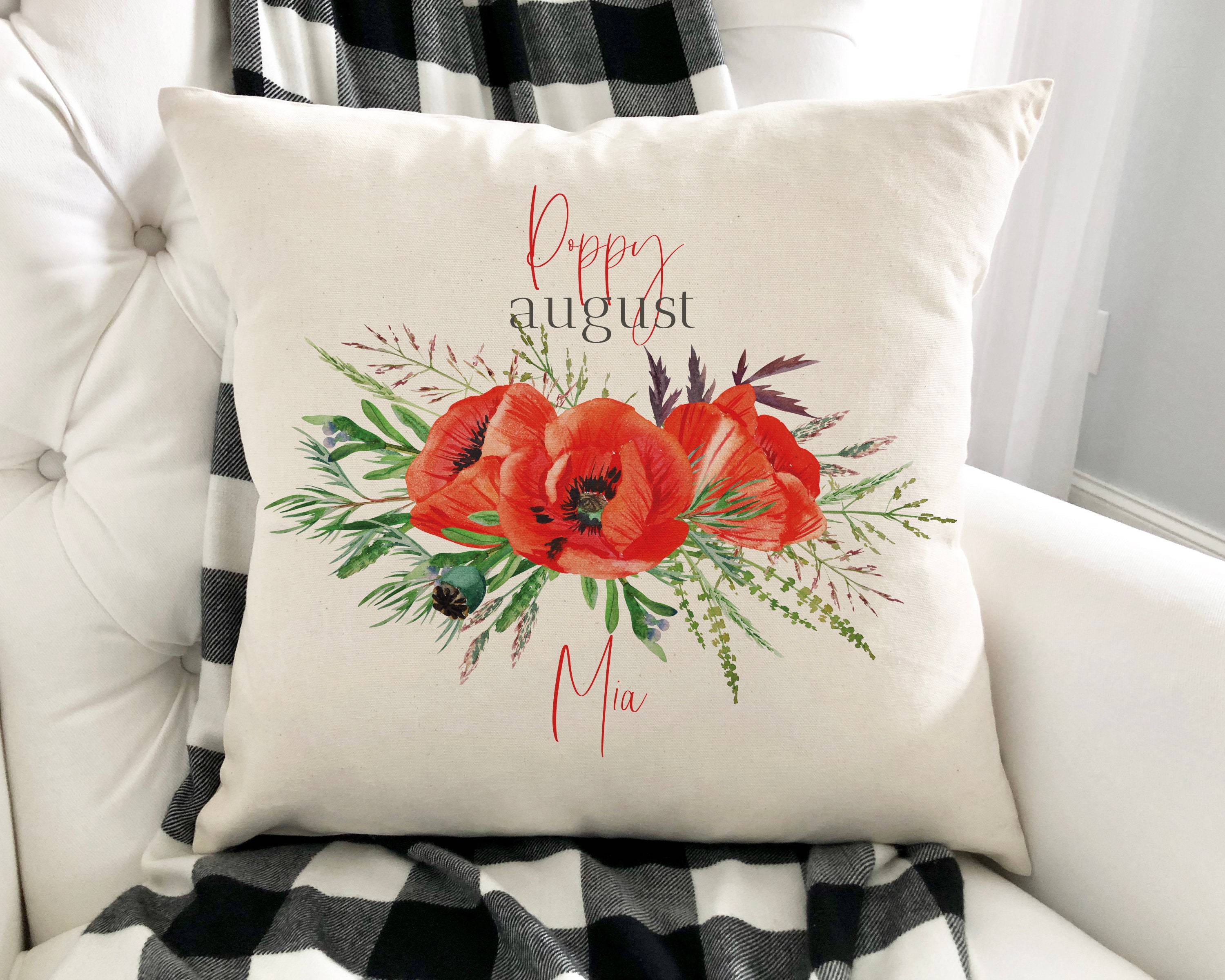 Personalised birth flower cushion, August birth flower poppy, Floral design birthday gift