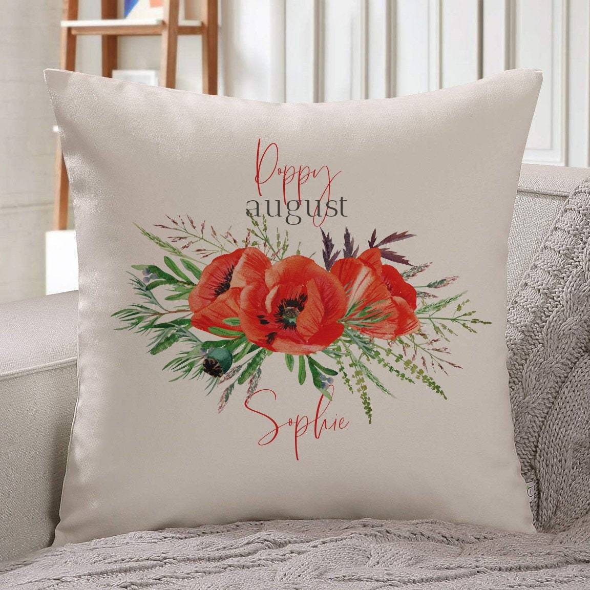 Personalised birth flower cushion, August birth flower poppy, Floral design birthday gift