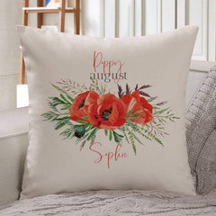 Personalised birth flower cushion, August birth flower poppy, Floral design birthday gift