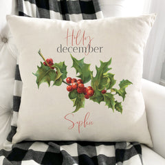 Personalised birth flower cushion, December birth flower holly, Floral design birthday