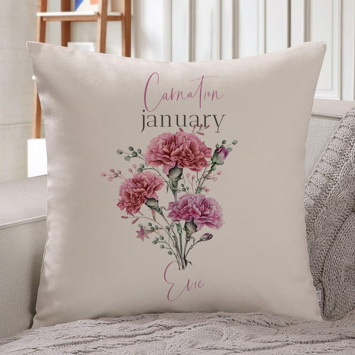 Personalised birth flower cushion, January birth flower carnation, Floral design birthday