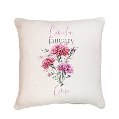 Personalised birth flower cushion, January birth flower carnation, Floral design birthday