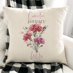 Personalised birth flower cushion, January birth flower carnation, Floral design birthday