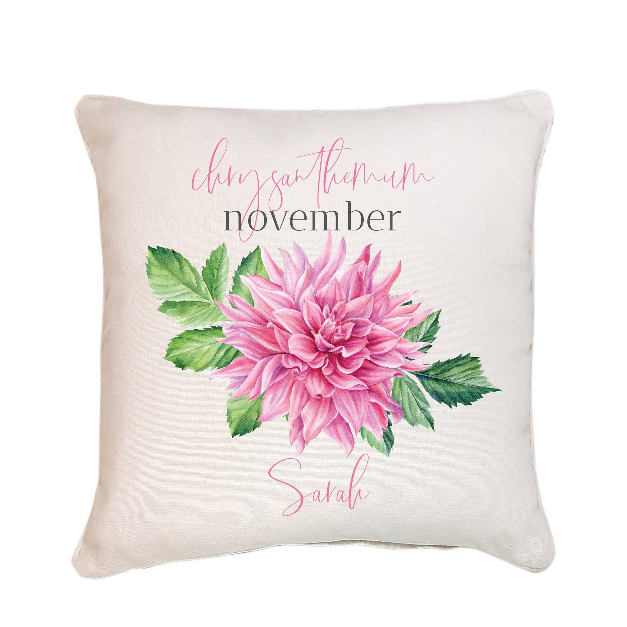 Personalised birth flower cushion, November birth flower chrysanthemum, Floral design