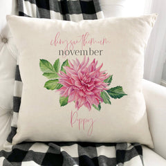 Personalised birth flower cushion, November birth flower chrysanthemum, Floral design
