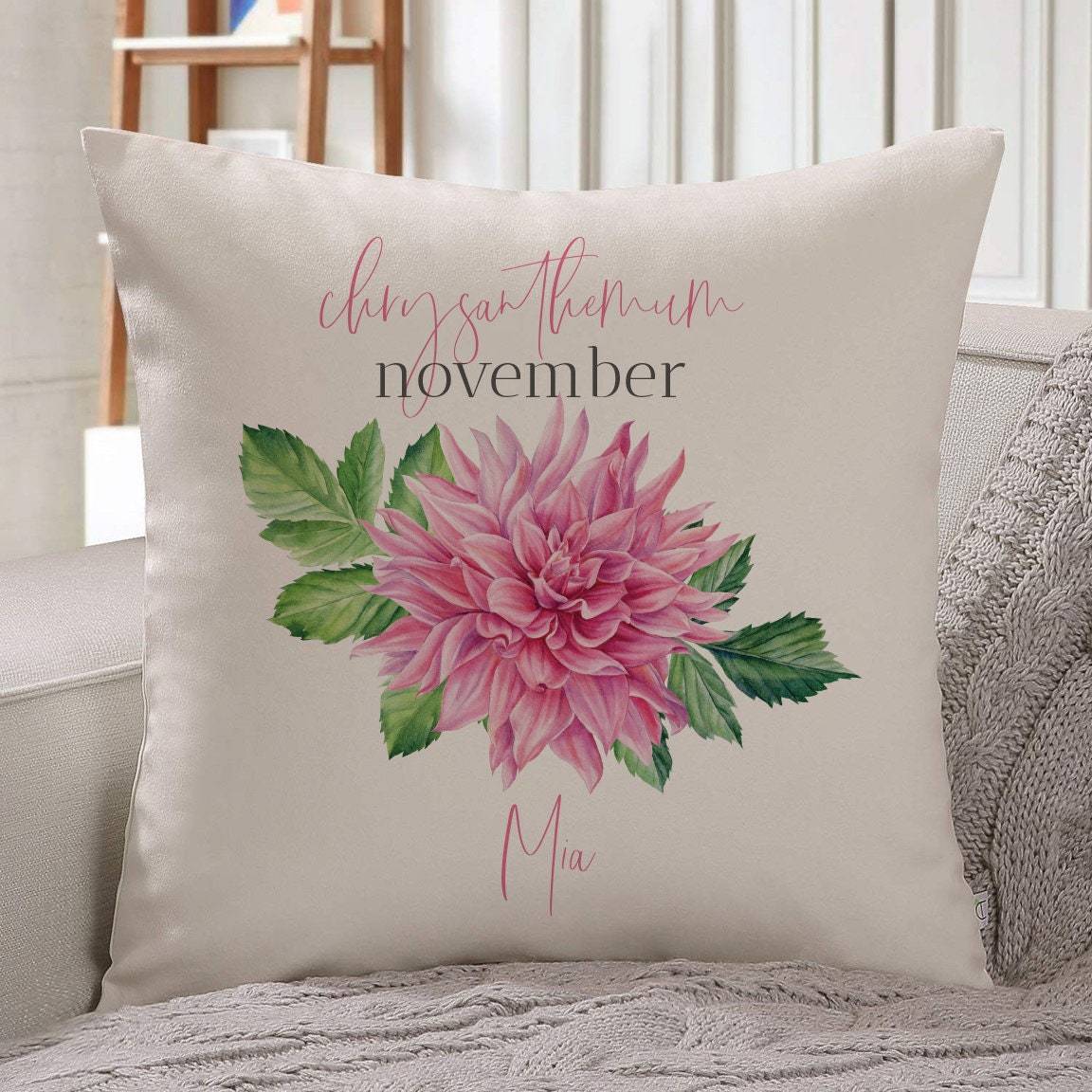 Personalised birth flower cushion, November birth flower chrysanthemum, Floral design