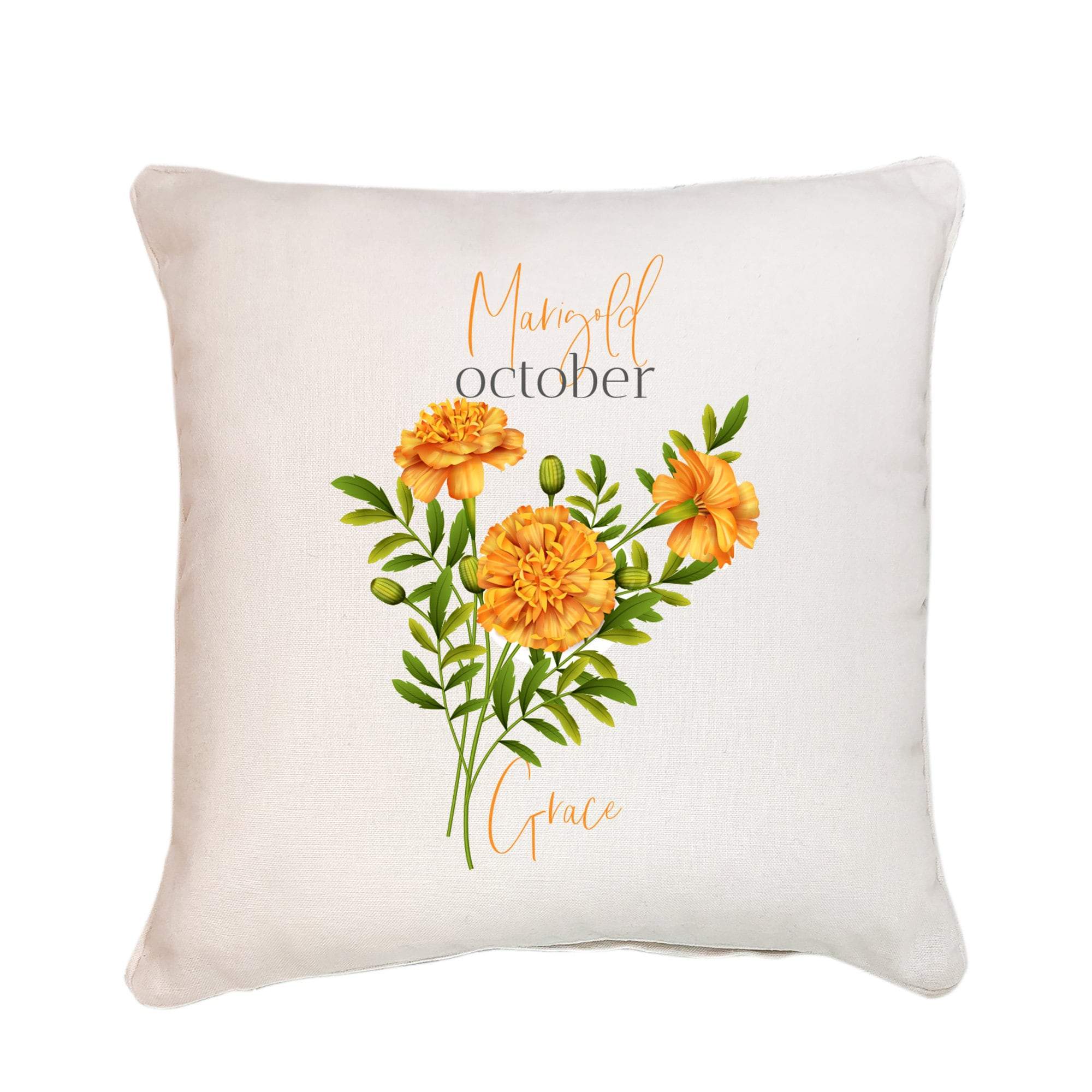 Personalised birth flower cushion, October birth flower marigold, Floral design birthday gift