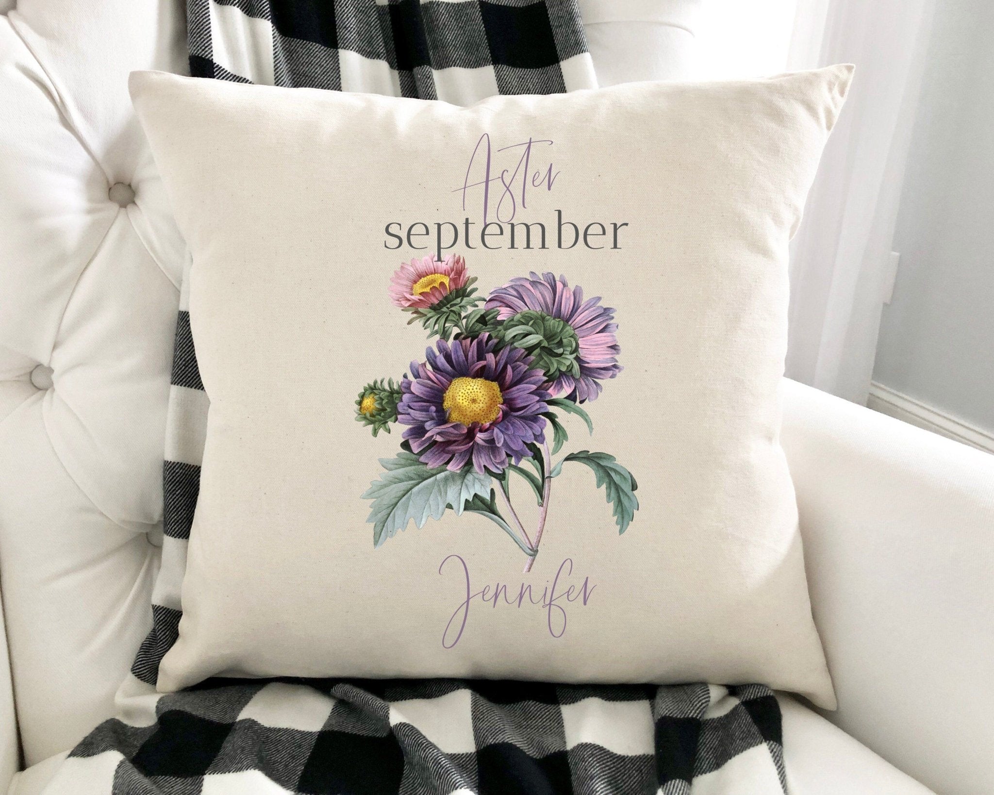 Personalised birth flower cushion, September birth flower aster, Floral design birthday gift