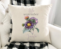 Personalised birth flower cushion, September birth flower aster, Floral design birthday gift