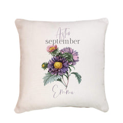 Personalised birth flower cushion, September birth flower aster, Floral design birthday gift