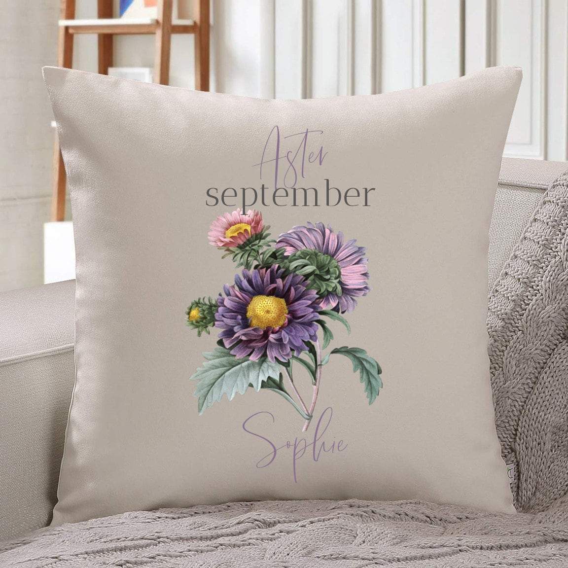 Personalised birth flower cushion, September birth flower aster, Floral design birthday gift