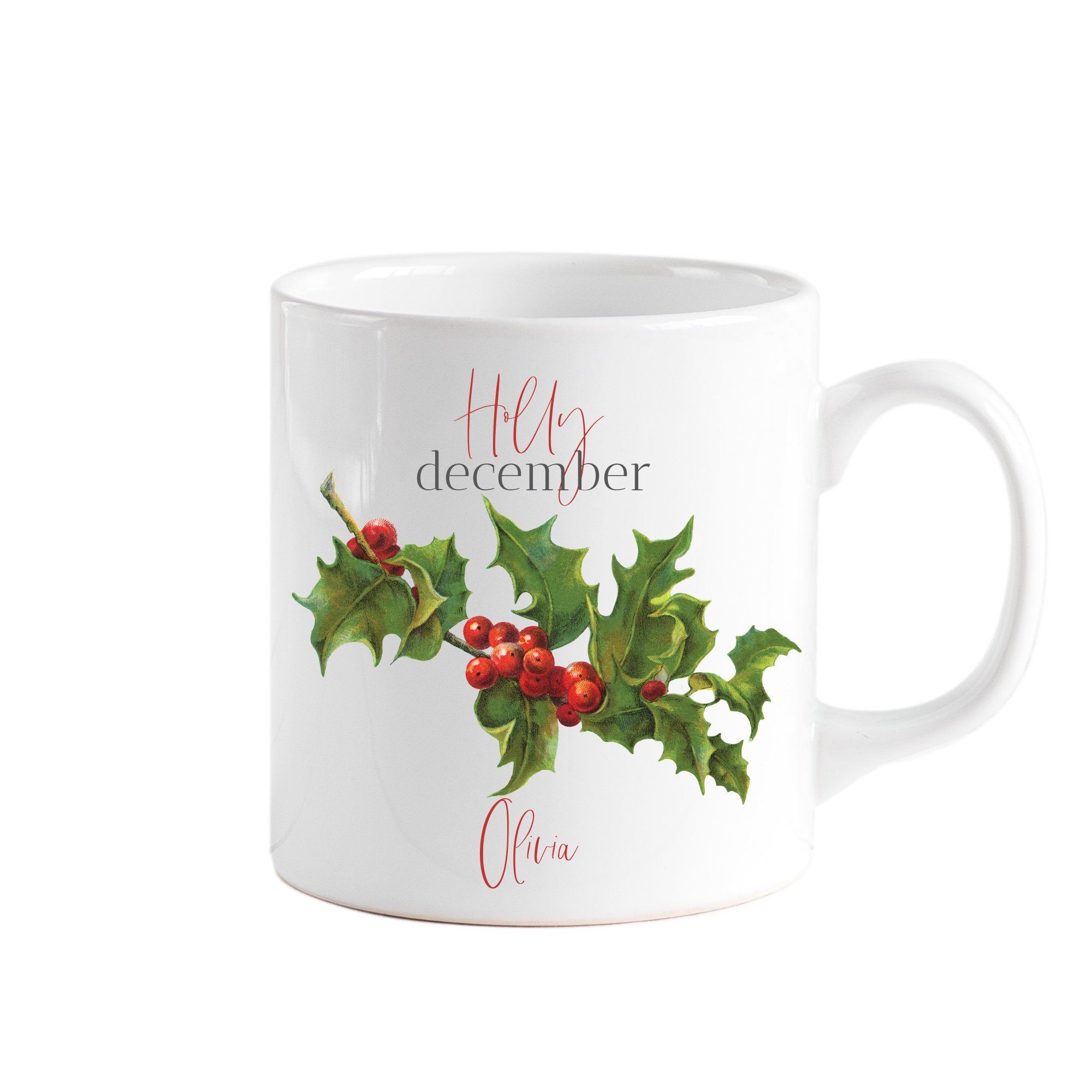 Personalisierte Geburtsblumentasse, Dezember-Geburtsblumen-Stechpalme,  Blumendesign-Geburtstagsgeschenk