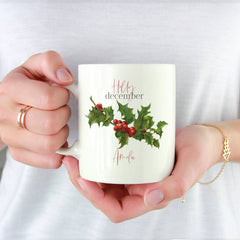 Personalised birth flower mug, December birth flower holly, Floral design birthday gift