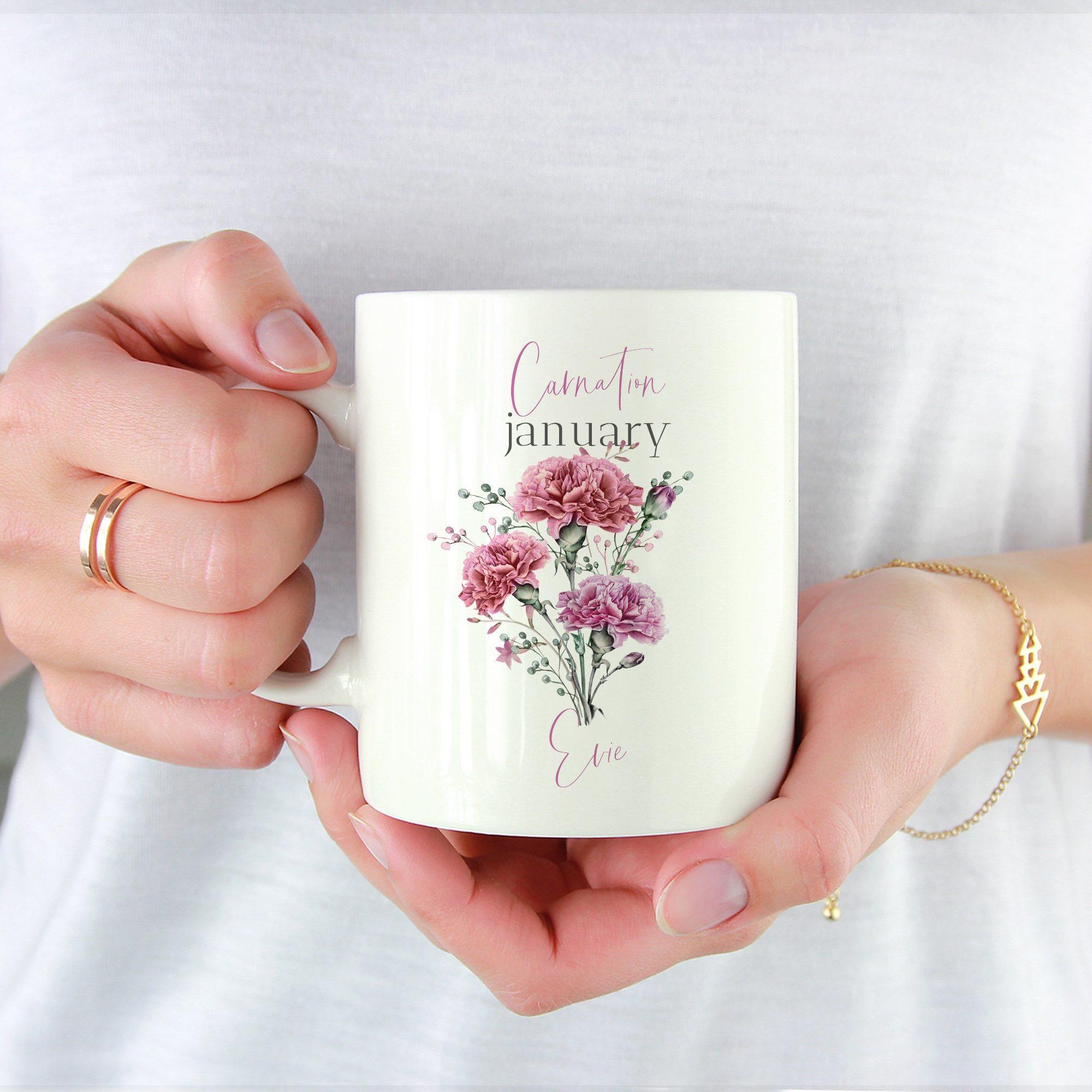 Personalised birth flower mug, January birth flower Carnation, Floral design birthday gift