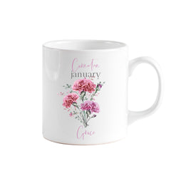 Personalised birth flower mug, January birth flower Carnation, Floral design birthday gift