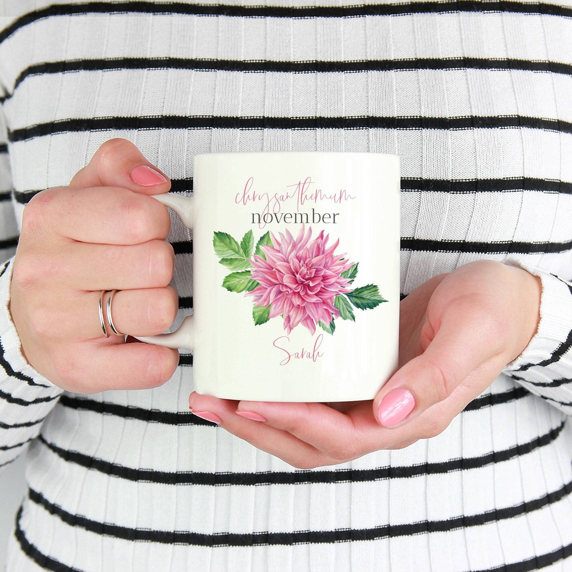 Personalised birth flower mug, November birth flower chrysanthemum, birthday gift