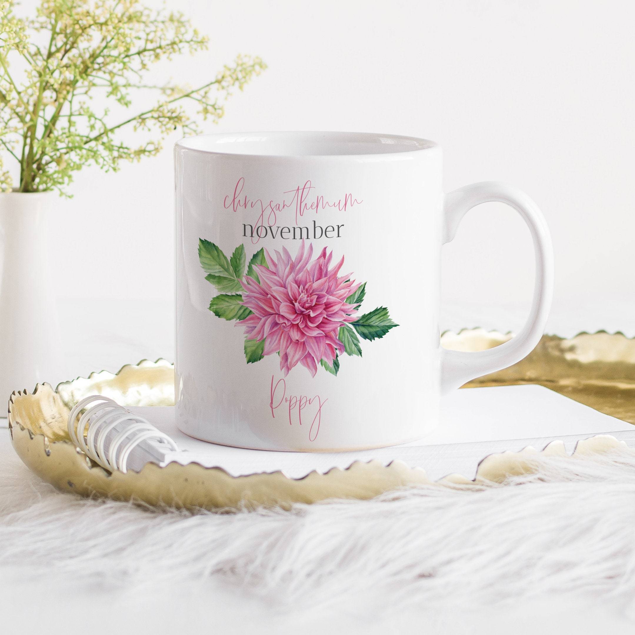 Personalised birth flower mug, November birth flower chrysanthemum, birthday gift