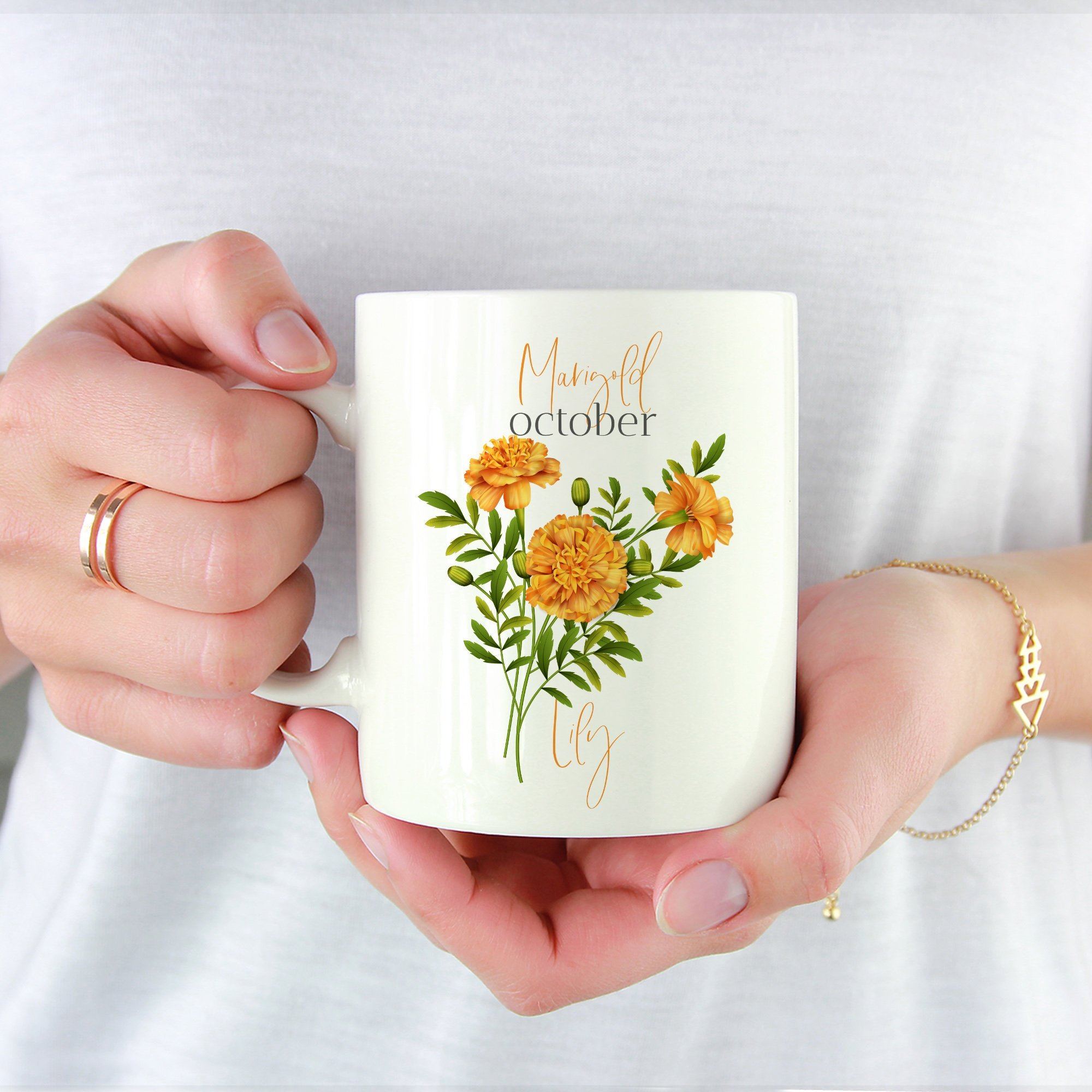 Personalised birth flower mug, October birth flower marigold, Floral design birthday gift