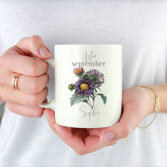 Personalised birth flower mug, September birth flower aster, Floral design birthday gift