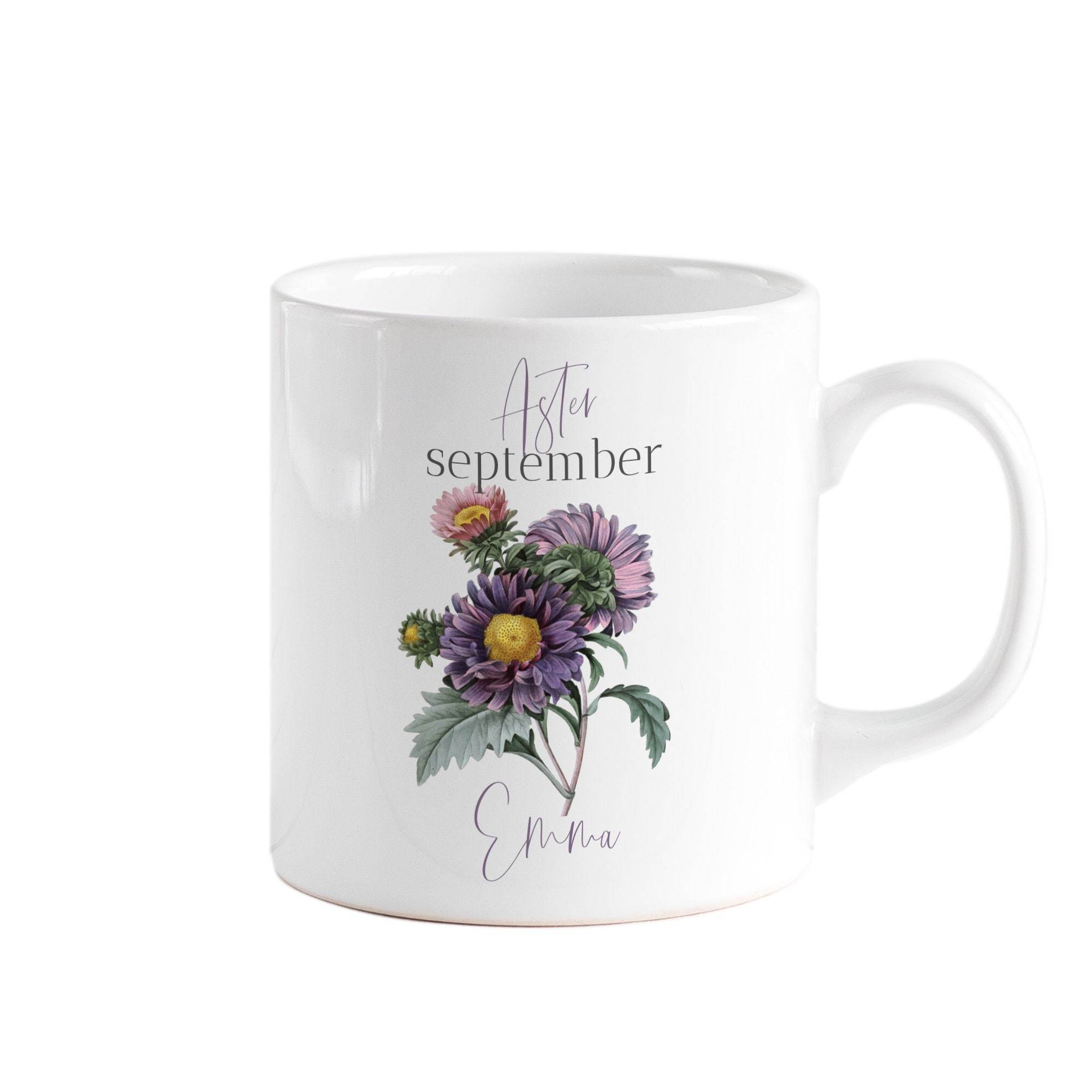 Personalised birth flower mug, September birth flower aster, Floral design birthday gift