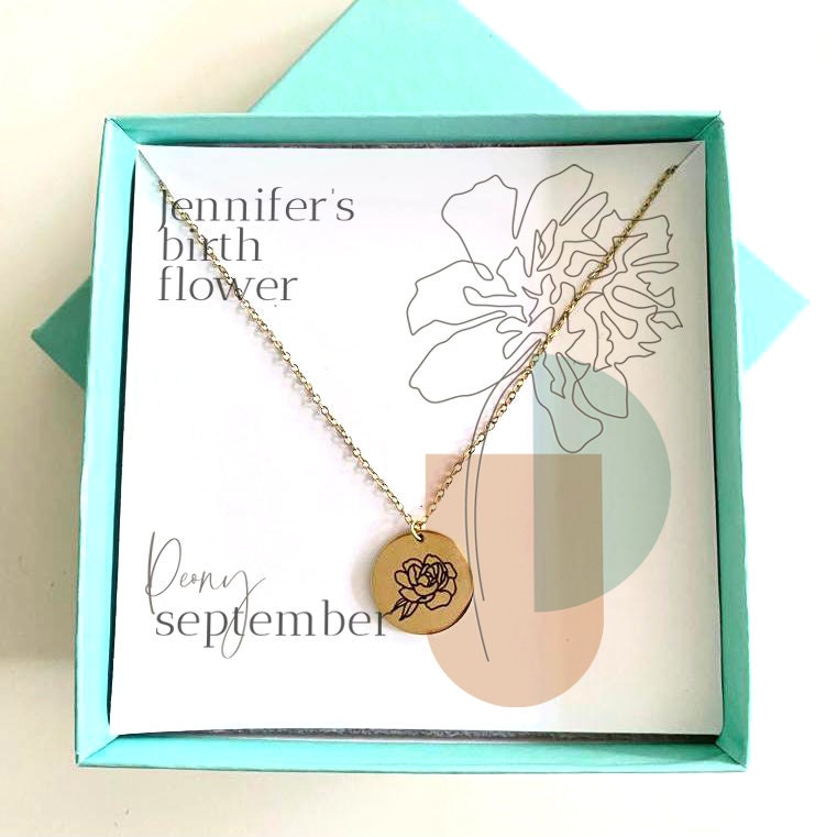 Personalised Birth Flower Necklace, Gift For Her, September Birth Flower Peony Jewellery