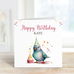 Personalised Birthday Card with Envelope, Funny Pigeon with Party Hat and Cake, Greetings Card for Her