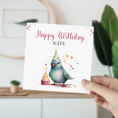 Personalised Birthday Card with Envelope, Funny Pigeon with Party Hat and Cake, Greetings Card for Her