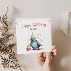 Personalised Birthday Card with Envelope, Funny Pigeon with Party Hat and Cake, Greetings Card for Her